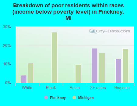 Breakdown of poor residents within races (income below poverty level) in Pinckney, MI
