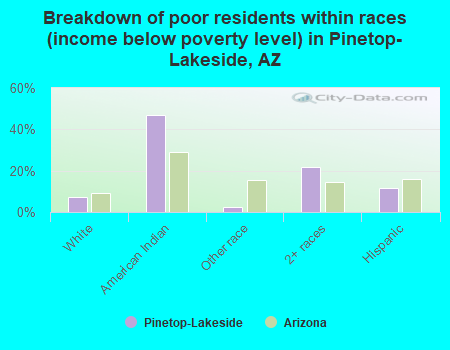 Breakdown of poor residents within races (income below poverty level) in Pinetop-Lakeside, AZ