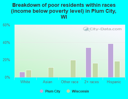 Breakdown of poor residents within races (income below poverty level) in Plum City, WI