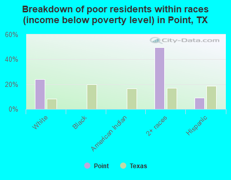 Breakdown of poor residents within races (income below poverty level) in Point, TX
