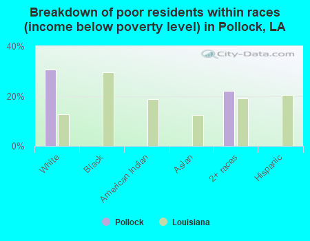 Breakdown of poor residents within races (income below poverty level) in Pollock, LA