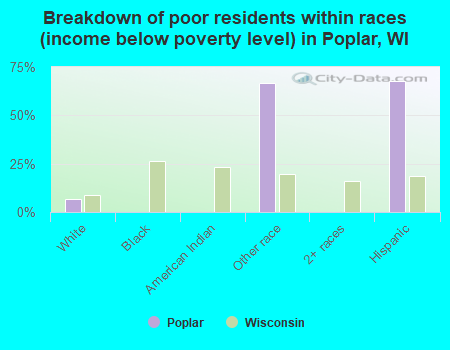 Breakdown of poor residents within races (income below poverty level) in Poplar, WI