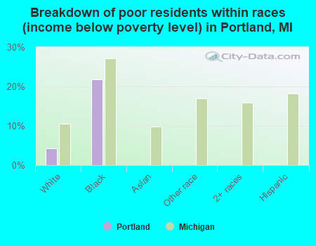 Breakdown of poor residents within races (income below poverty level) in Portland, MI