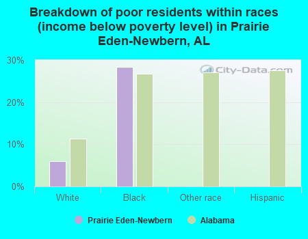 Breakdown of poor residents within races (income below poverty level) in Prairie Eden-Newbern, AL