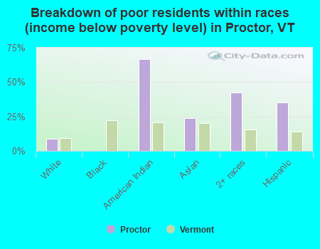 Breakdown of poor residents within races (income below poverty level) in Proctor, VT