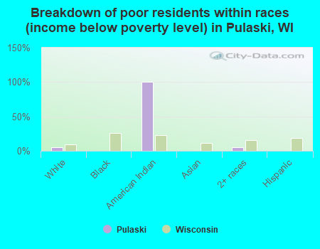 Breakdown of poor residents within races (income below poverty level) in Pulaski, WI