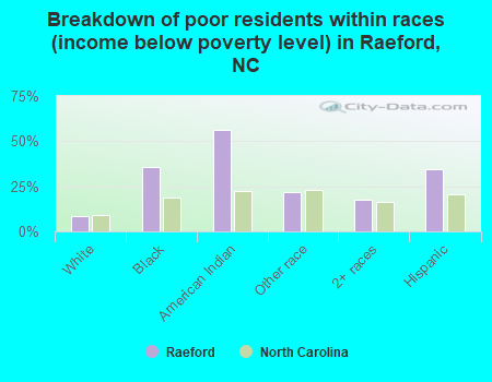 Breakdown of poor residents within races (income below poverty level) in Raeford, NC