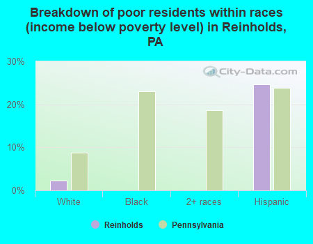 Breakdown of poor residents within races (income below poverty level) in Reinholds, PA