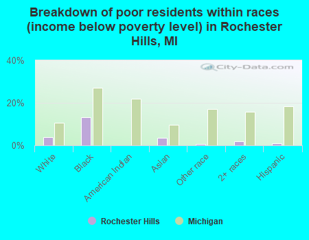 Breakdown of poor residents within races (income below poverty level) in Rochester Hills, MI