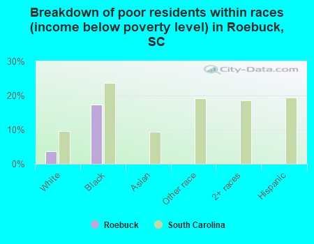 Breakdown of poor residents within races (income below poverty level) in Roebuck, SC