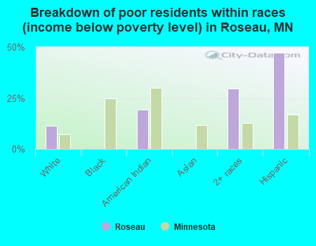 Breakdown of poor residents within races (income below poverty level) in Roseau, MN