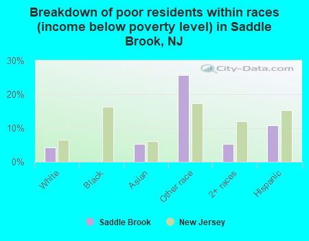 Breakdown of poor residents within races (income below poverty level) in Saddle Brook, NJ
