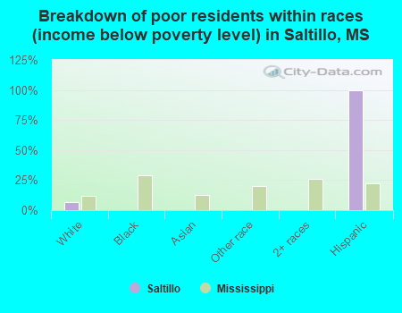 Breakdown of poor residents within races (income below poverty level) in Saltillo, MS