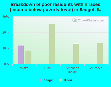 Breakdown of poor residents within races (income below poverty level) in Sauget, IL