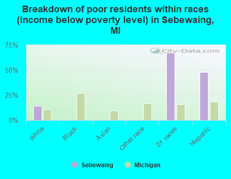 Breakdown of poor residents within races (income below poverty level) in Sebewaing, MI