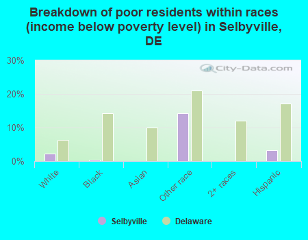 Breakdown of poor residents within races (income below poverty level) in Selbyville, DE