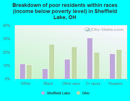 Breakdown of poor residents within races (income below poverty level) in Sheffield Lake, OH