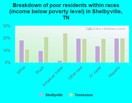 Breakdown of poor residents within races (income below poverty level) in Shelbyville, TN