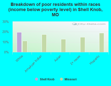Breakdown of poor residents within races (income below poverty level) in Shell Knob, MO