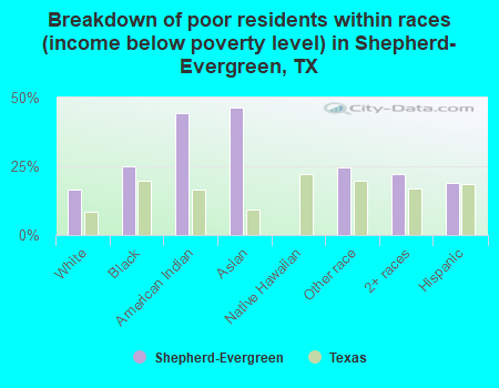 Breakdown of poor residents within races (income below poverty level) in Shepherd-Evergreen, TX