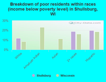 Breakdown of poor residents within races (income below poverty level) in Shullsburg, WI