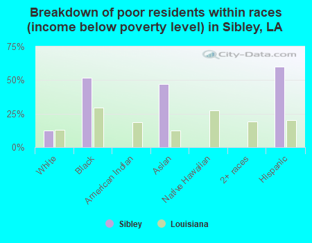 Breakdown of poor residents within races (income below poverty level) in Sibley, LA