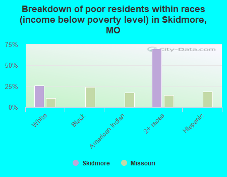 Breakdown of poor residents within races (income below poverty level) in Skidmore, MO