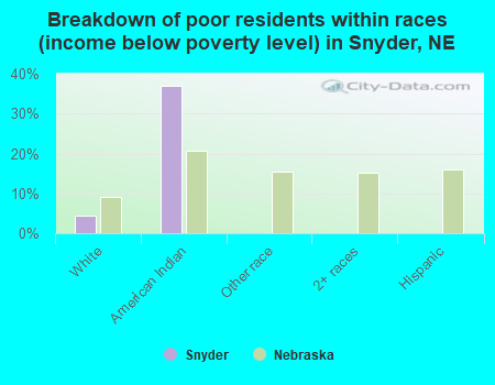 Breakdown of poor residents within races (income below poverty level) in Snyder, NE