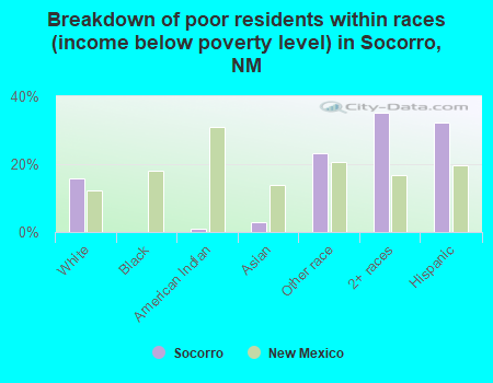 Breakdown of poor residents within races (income below poverty level) in Socorro, NM