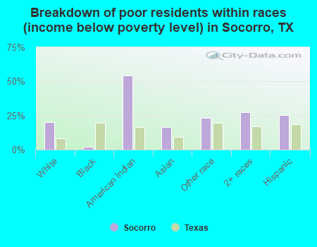 Breakdown of poor residents within races (income below poverty level) in Socorro, TX