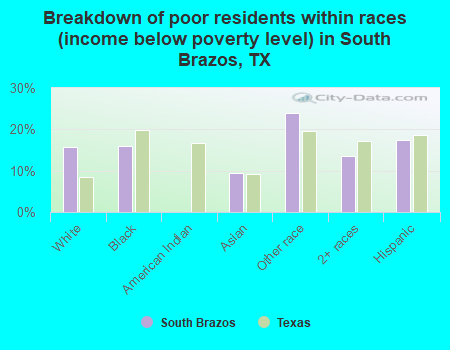 Breakdown of poor residents within races (income below poverty level) in South Brazos, TX