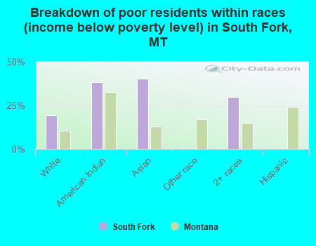 Breakdown of poor residents within races (income below poverty level) in South Fork, MT