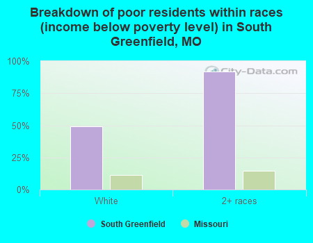 Breakdown of poor residents within races (income below poverty level) in South Greenfield, MO