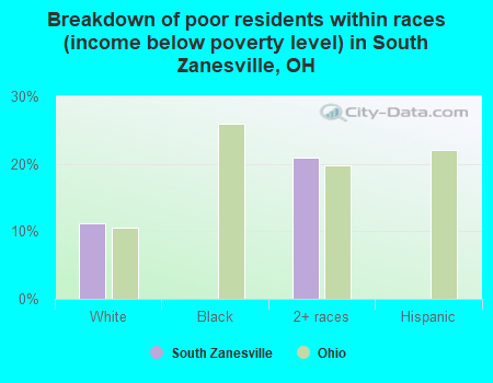 Breakdown of poor residents within races (income below poverty level) in South Zanesville, OH