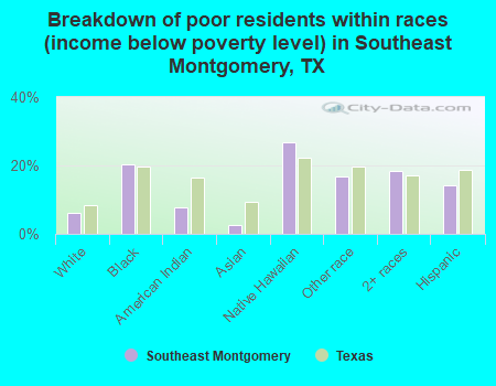 Breakdown of poor residents within races (income below poverty level) in Southeast Montgomery, TX