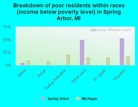 Breakdown of poor residents within races (income below poverty level) in Spring Arbor, MI