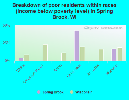 Breakdown of poor residents within races (income below poverty level) in Spring Brook, WI
