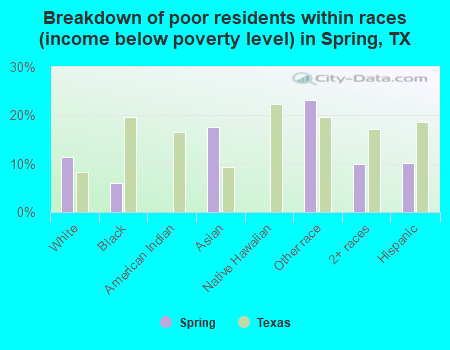 Breakdown of poor residents within races (income below poverty level) in Spring, TX