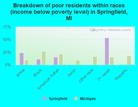 Breakdown of poor residents within races (income below poverty level) in Springfield, MI