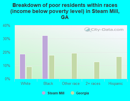 Breakdown of poor residents within races (income below poverty level) in Steam Mill, GA