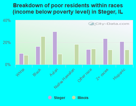 Breakdown of poor residents within races (income below poverty level) in Steger, IL
