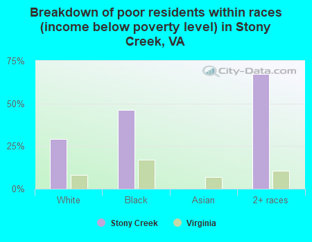 Breakdown of poor residents within races (income below poverty level) in Stony Creek, VA