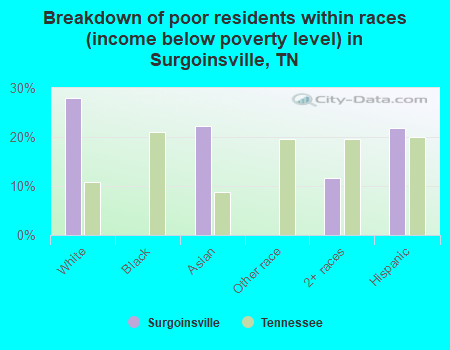 Breakdown of poor residents within races (income below poverty level) in Surgoinsville, TN