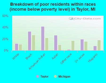 Breakdown of poor residents within races (income below poverty level) in Taylor, MI