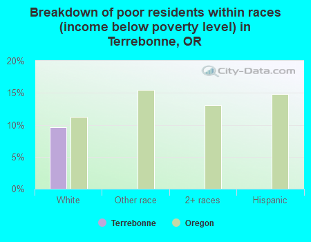 Breakdown of poor residents within races (income below poverty level) in Terrebonne, OR