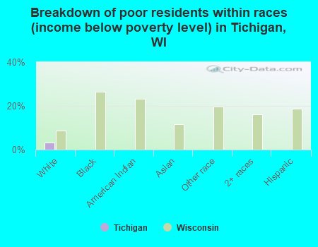 Breakdown of poor residents within races (income below poverty level) in Tichigan, WI