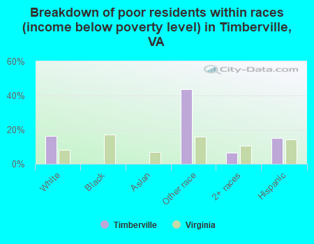 Breakdown of poor residents within races (income below poverty level) in Timberville, VA