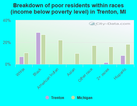 Breakdown of poor residents within races (income below poverty level) in Trenton, MI