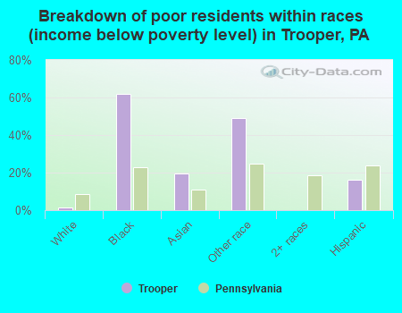 Breakdown of poor residents within races (income below poverty level) in Trooper, PA