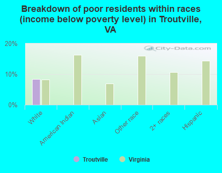 Breakdown of poor residents within races (income below poverty level) in Troutville, VA